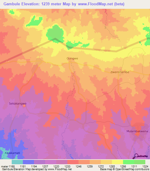 Gambule,Botswana Elevation Map