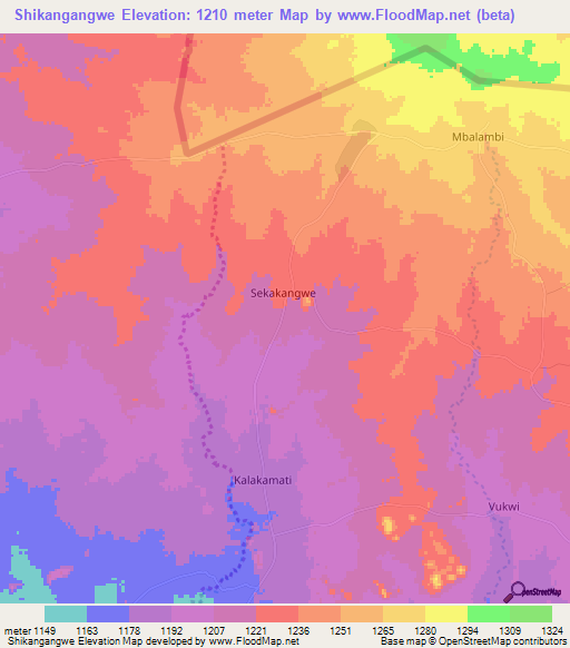 Shikangangwe,Botswana Elevation Map