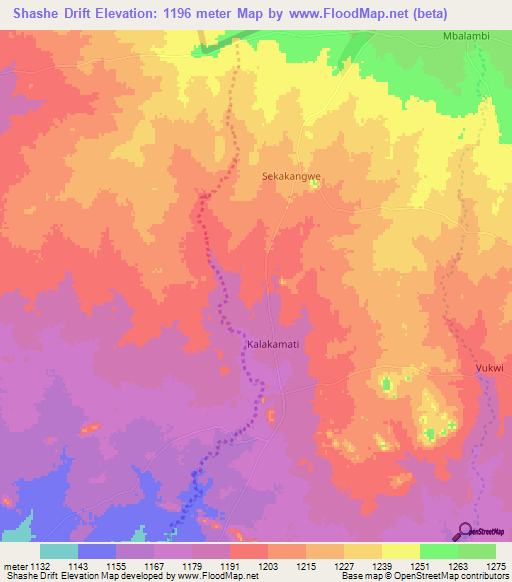 Shashe Drift,Botswana Elevation Map