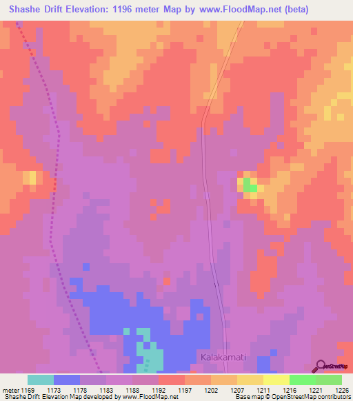 Shashe Drift,Botswana Elevation Map
