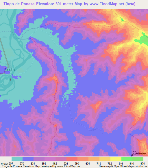 Tingo de Ponasa,Peru Elevation Map