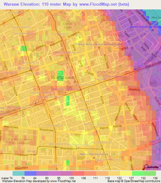 Warsaw,Poland Elevation Map