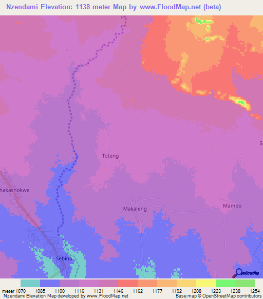 Nzendami,Botswana Elevation Map