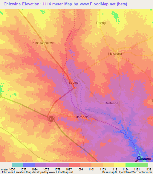 Chizwina,Botswana Elevation Map