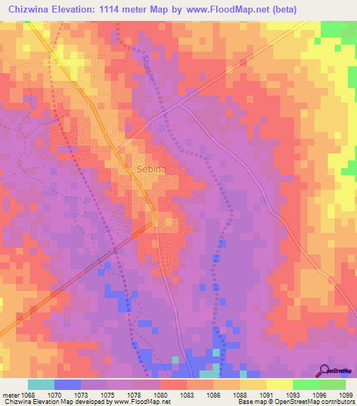 Chizwina,Botswana Elevation Map