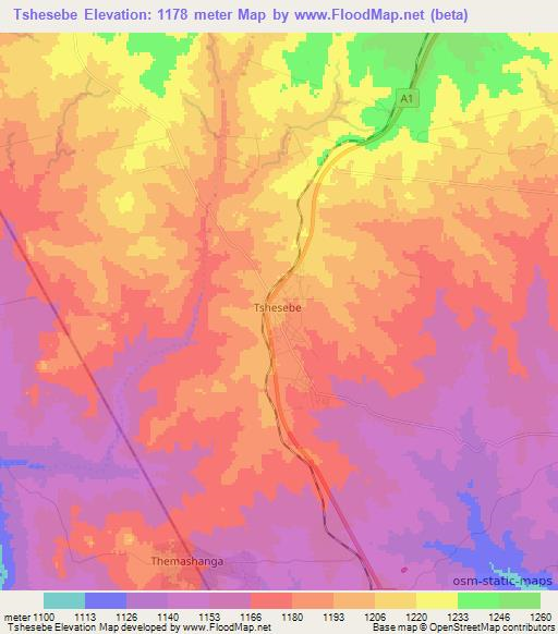 Tshesebe,Botswana Elevation Map