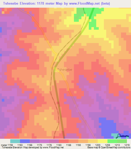Tshesebe,Botswana Elevation Map
