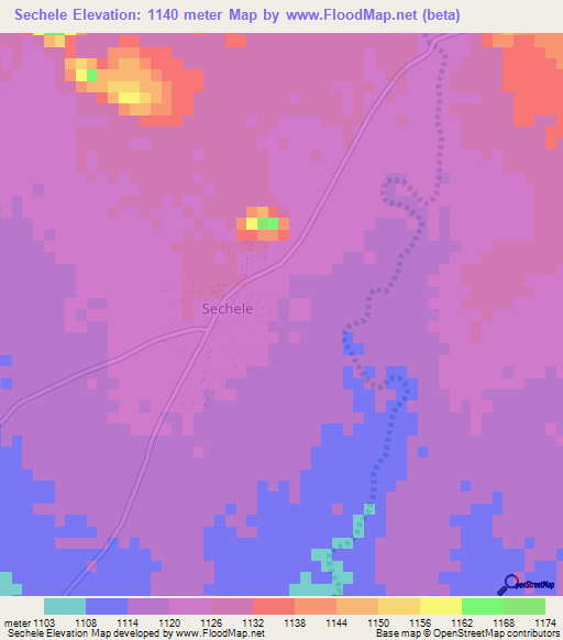 Sechele,Botswana Elevation Map