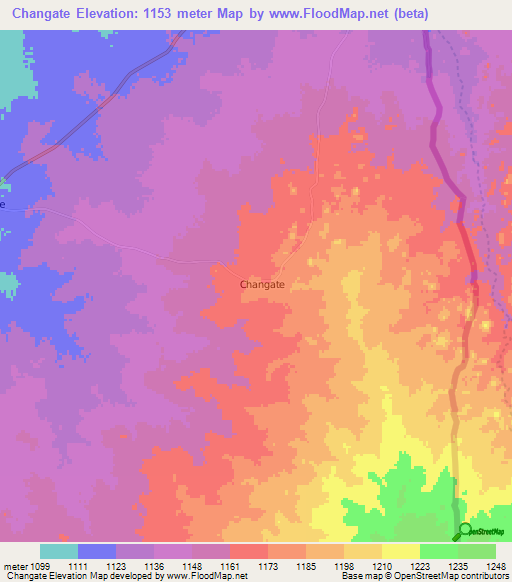 Changate,Botswana Elevation Map