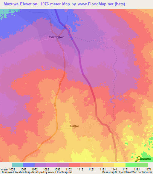 Mazuwe,Botswana Elevation Map