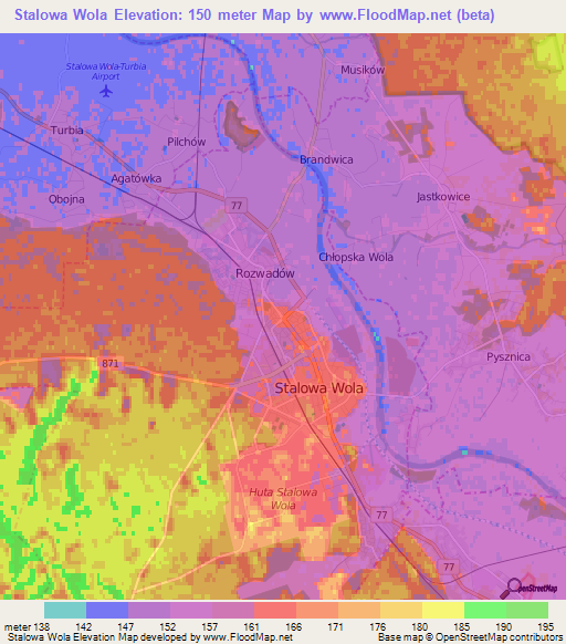 Stalowa Wola,Poland Elevation Map
