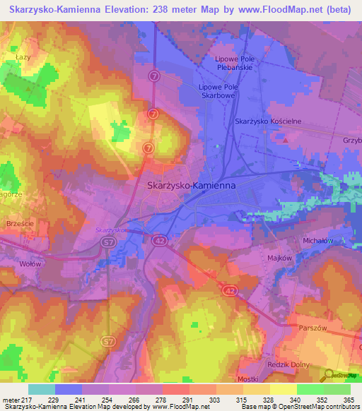 Skarzysko-Kamienna,Poland Elevation Map