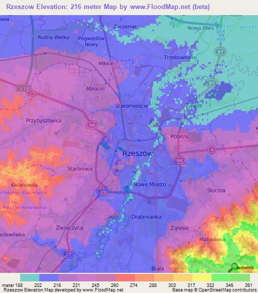 Rzeszow,Poland Elevation Map