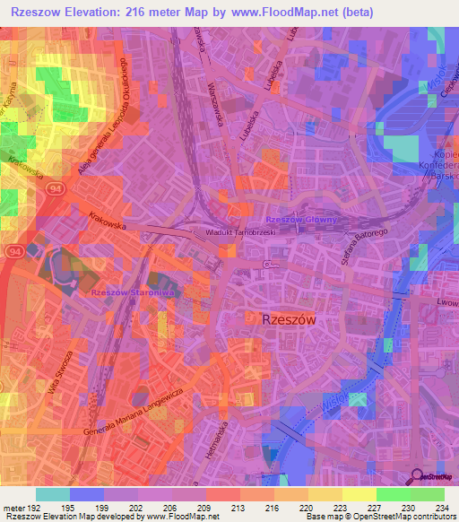 Rzeszow,Poland Elevation Map