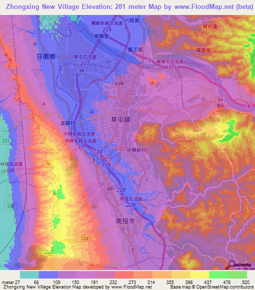 Zhongxing New Village,Taiwan Elevation Map