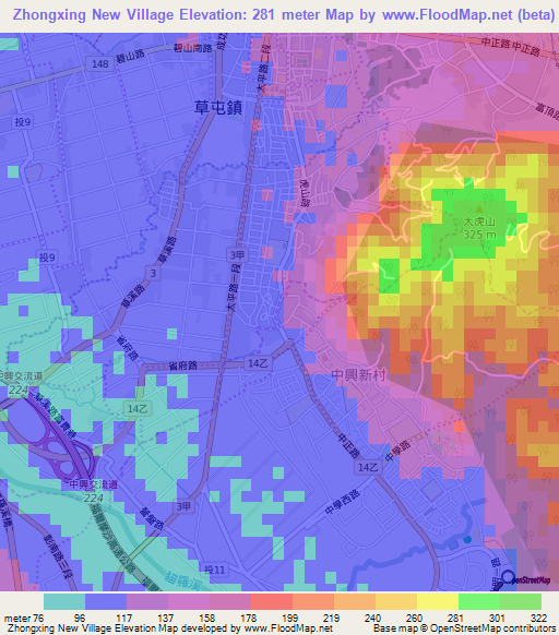 Zhongxing New Village,Taiwan Elevation Map