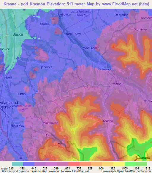 Krasna - pod Krasnou,Czech Republic Elevation Map