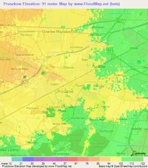 Pruszkow,Poland Elevation Map