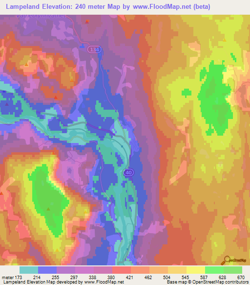 Lampeland,Norway Elevation Map