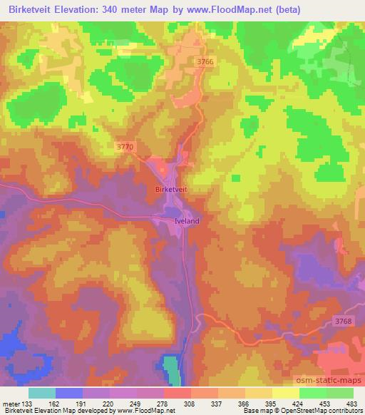 Birketveit,Norway Elevation Map
