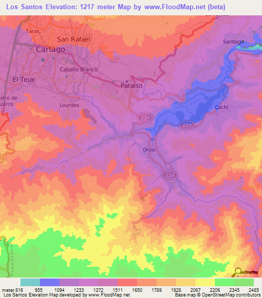Los Santos,Costa Rica Elevation Map