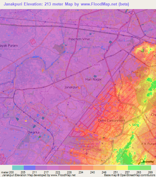 Janakpuri,India Elevation Map