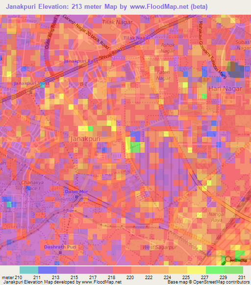 Janakpuri,India Elevation Map
