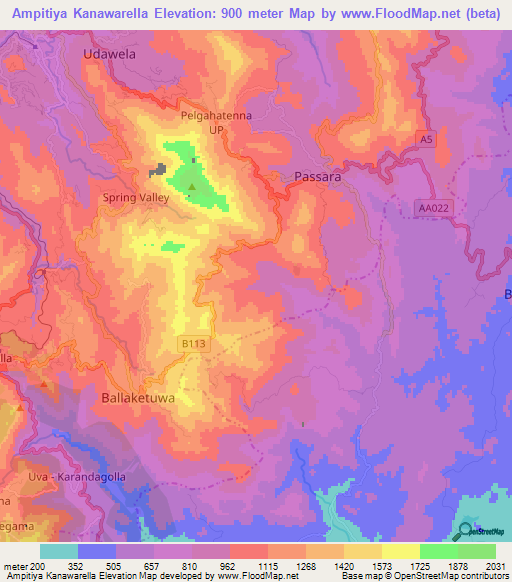 Ampitiya Kanawarella,Sri Lanka Elevation Map