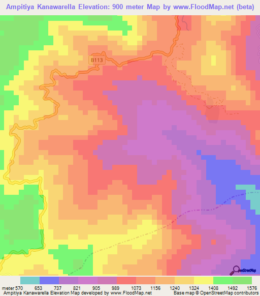 Ampitiya Kanawarella,Sri Lanka Elevation Map