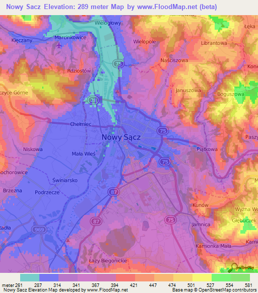 Nowy Sacz,Poland Elevation Map