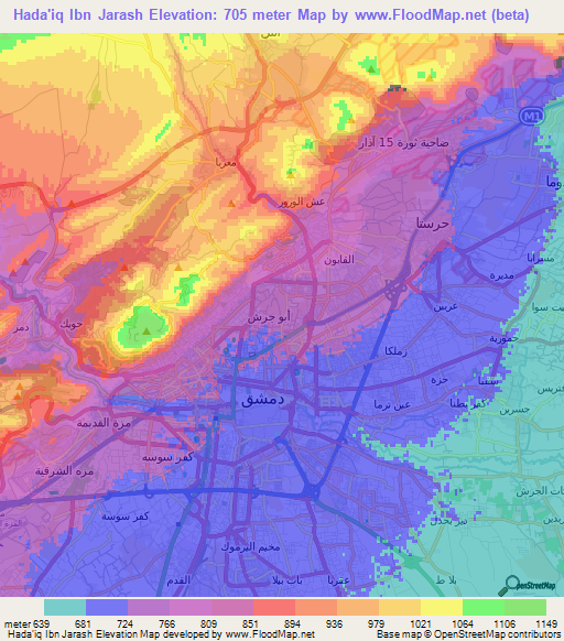 Hada'iq Ibn Jarash,Syria Elevation Map