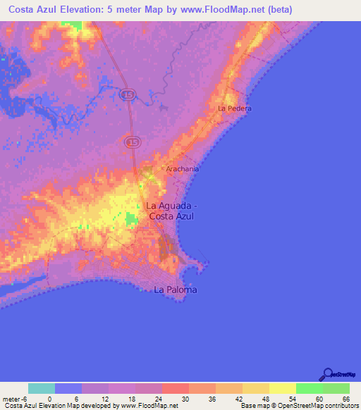 Costa Azul,Uruguay Elevation Map