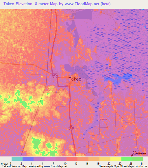 Takeo,Cambodia Elevation Map