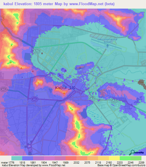 kabul,Afghanistan Elevation Map