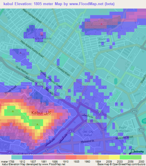 kabul,Afghanistan Elevation Map