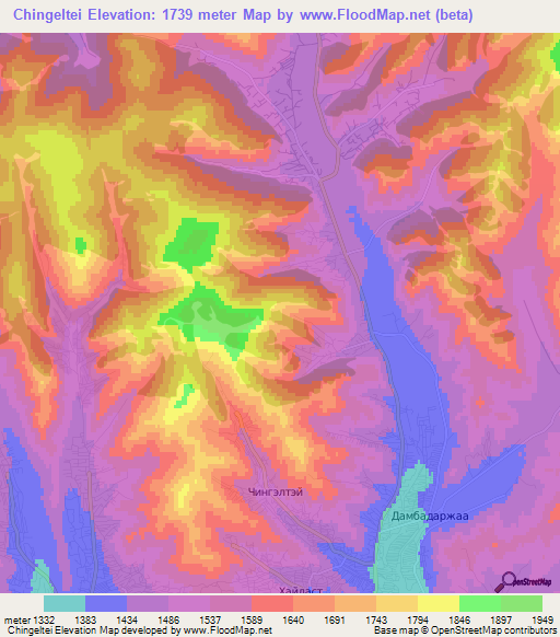 Chingeltei,Mongolia Elevation Map