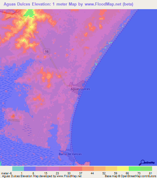 Aguas Dulces,Uruguay Elevation Map