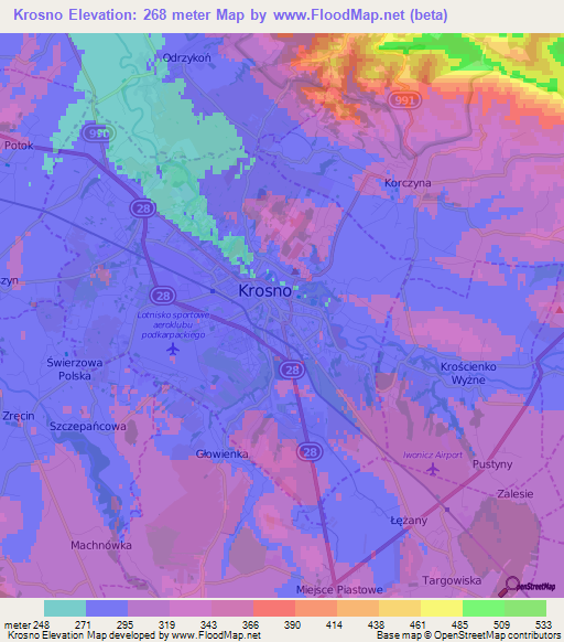Krosno,Poland Elevation Map