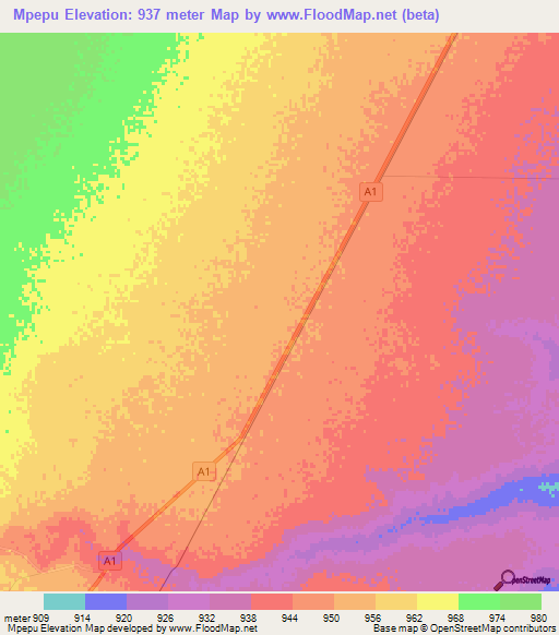 Mpepu,Botswana Elevation Map