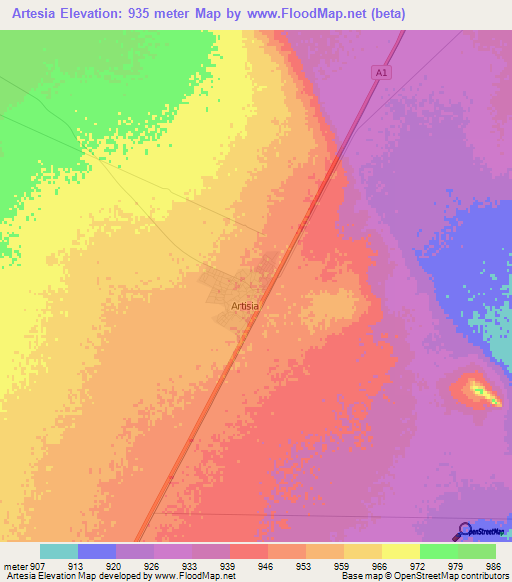 Artesia,Botswana Elevation Map