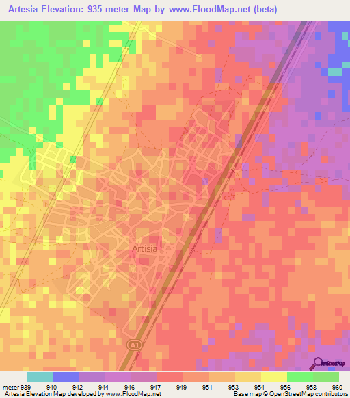 Artesia,Botswana Elevation Map