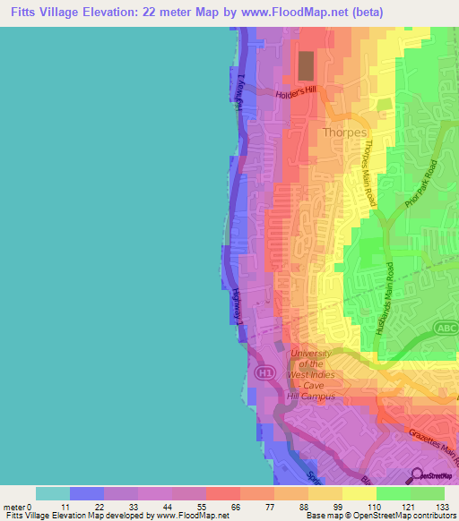 Fitts Village,Barbados Elevation Map