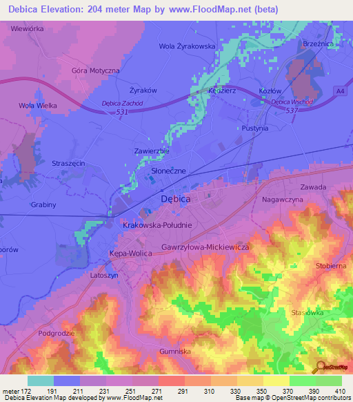 Debica,Poland Elevation Map
