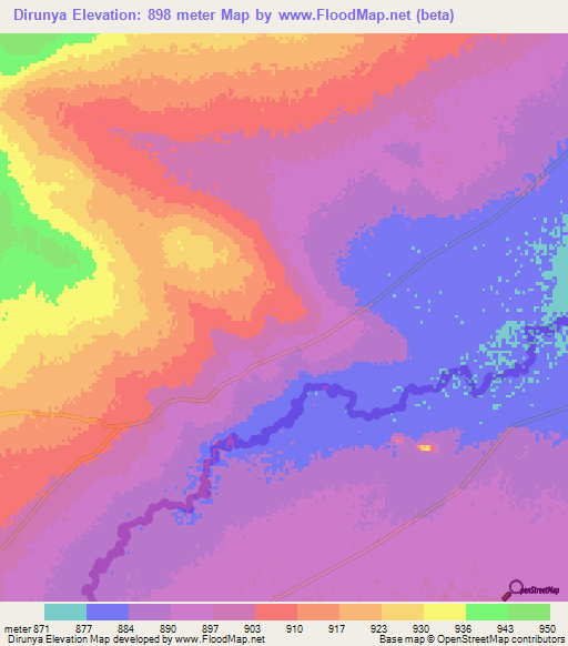 Dirunya,Botswana Elevation Map