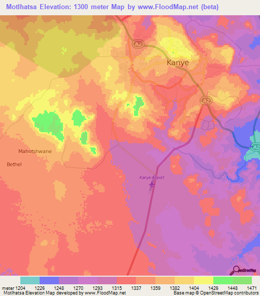 Motlhatsa,Botswana Elevation Map
