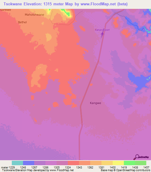 Tsokwane,Botswana Elevation Map