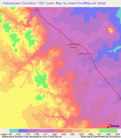 Galetanyane,Botswana Elevation Map