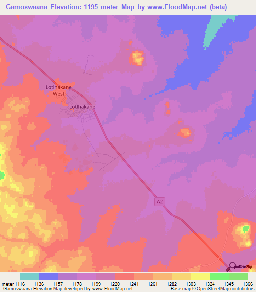 Gamoswaana,Botswana Elevation Map