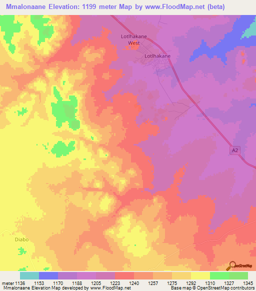 Mmalonaane,Botswana Elevation Map