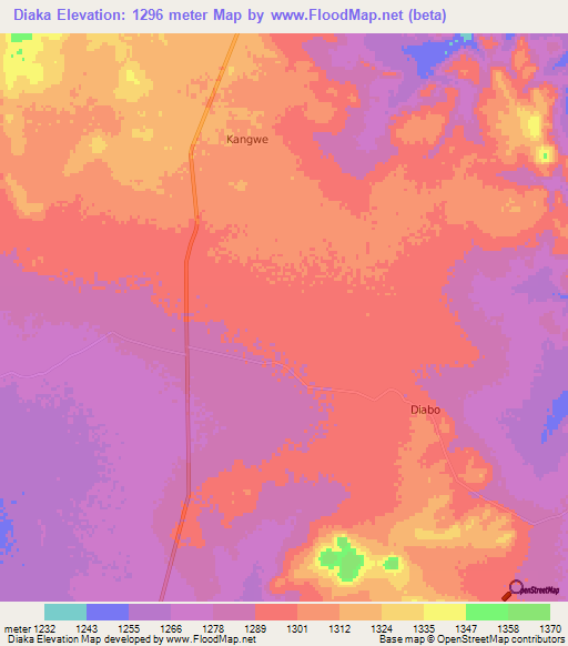 Diaka,Botswana Elevation Map